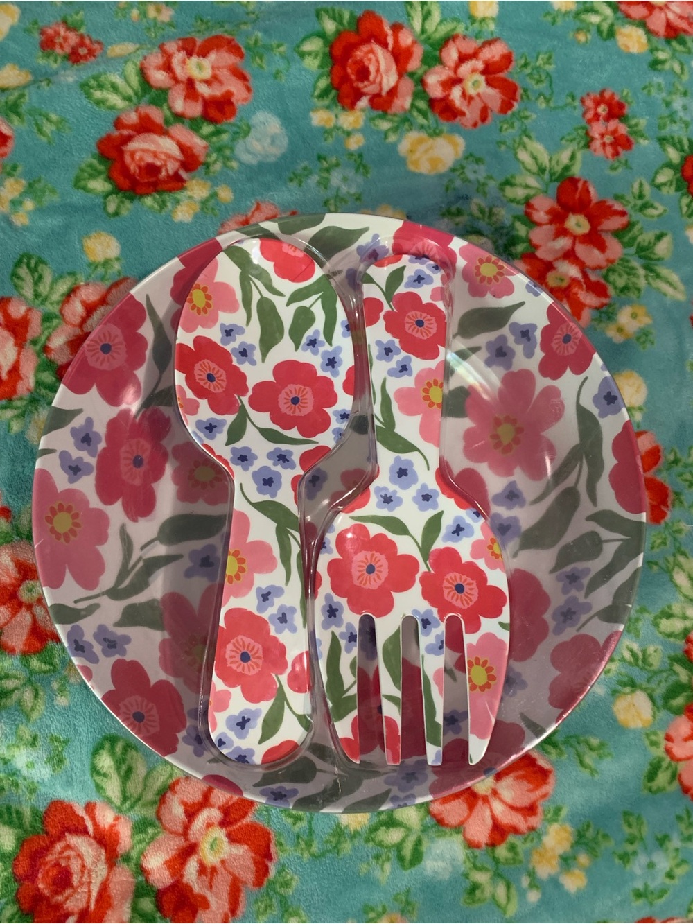 Floral Melamine Serving Set — Red and Pink Floral Design Salad Bowl Set